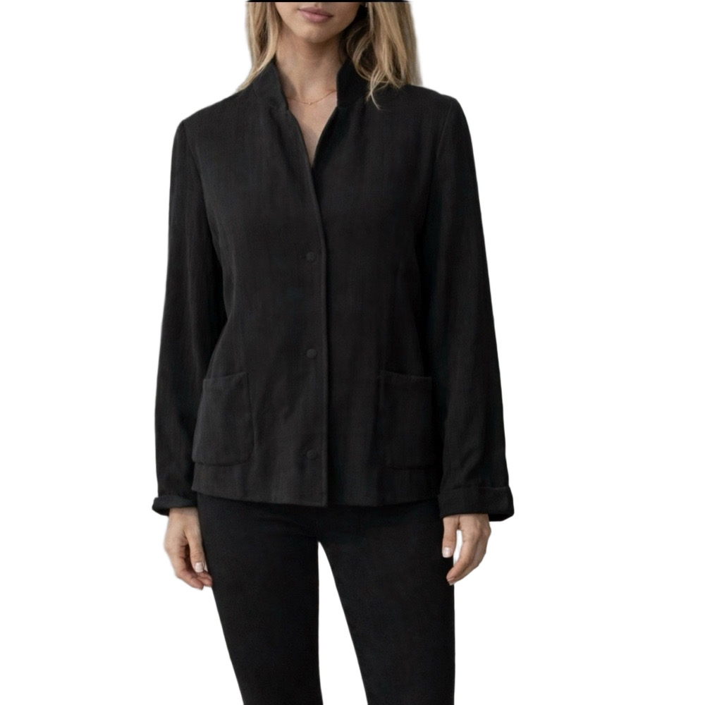 Eileen Fisher Suit Jacket Blazer S Small Black Crinkle Rayon Silk Magnet